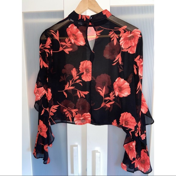 Sheer Black Top with Red Flowers - Picture 4 of 5